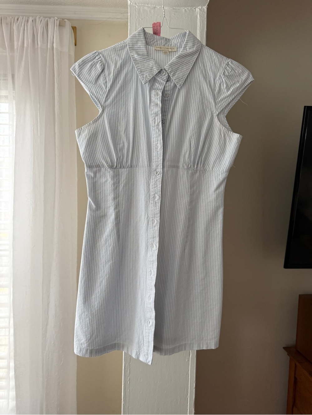 Thirty Thirty Size M Blue White Pinstripe Button Front Shirt Dress